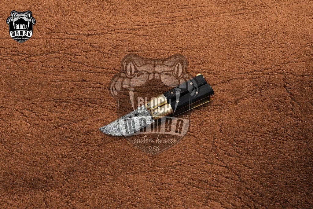 DB-18 Damascus Balisong Butterfly Knife with Horn and Beautiful Brass Handle Handmade Original Traditional Filipino Butterfly Batanga Knife  black mamba knives USA