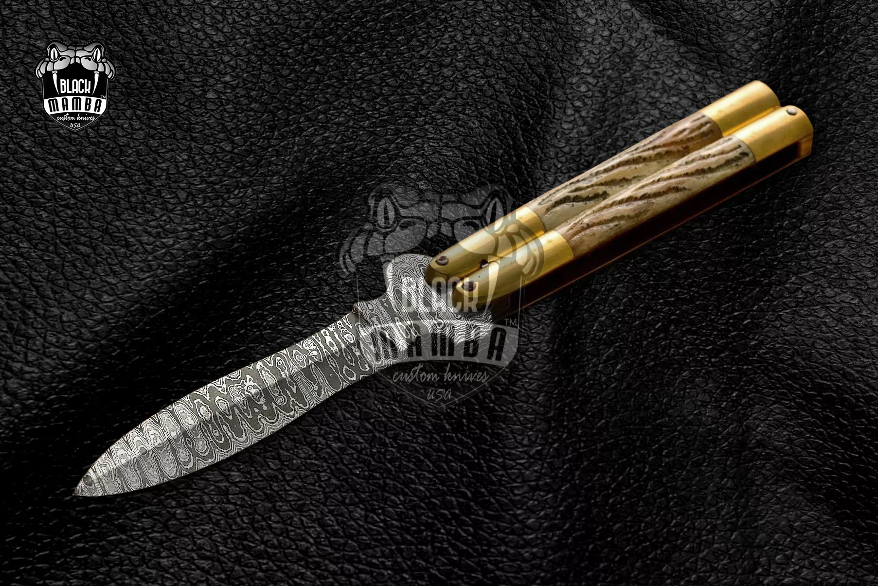 Damascus Balisong Butterfly Knife – Shiny Brass & Ram Horn Handle, 11.4″ Overall | DB-02
