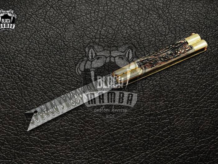 DB-21 Damascus Balisong Butterfly Knife with Beautiful Brass and stag Handle Handmade Original Traditional Filipino Butterfly Batanga Knife black mamba knives USA