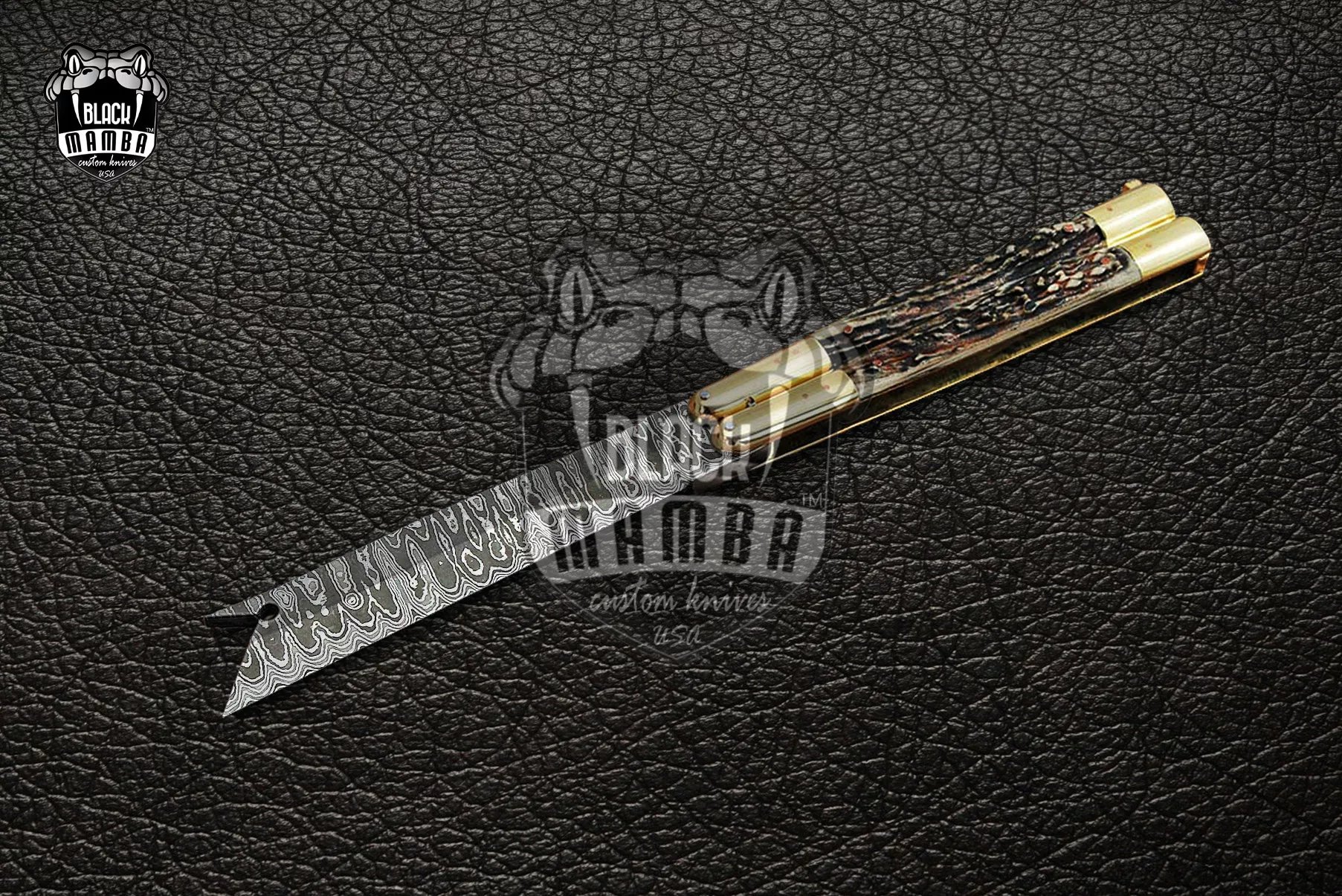 Damascus Filipino Balisong Butterfly Knife – Stag, Brass Handle | DB-21