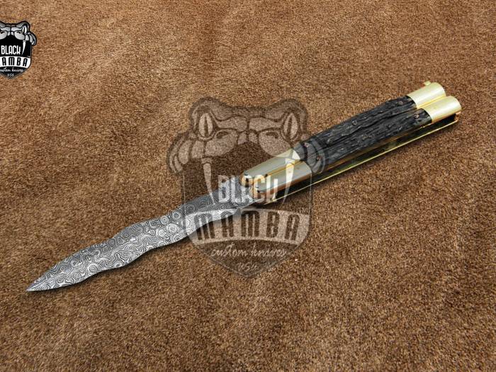 DB-22 Damascus Balisong Butterfly Knife with Beautiful Brass and stag Handle rain drop pattern Handmade Original Traditional Filipino Butterfly Batanga Knife black mamba knives USA