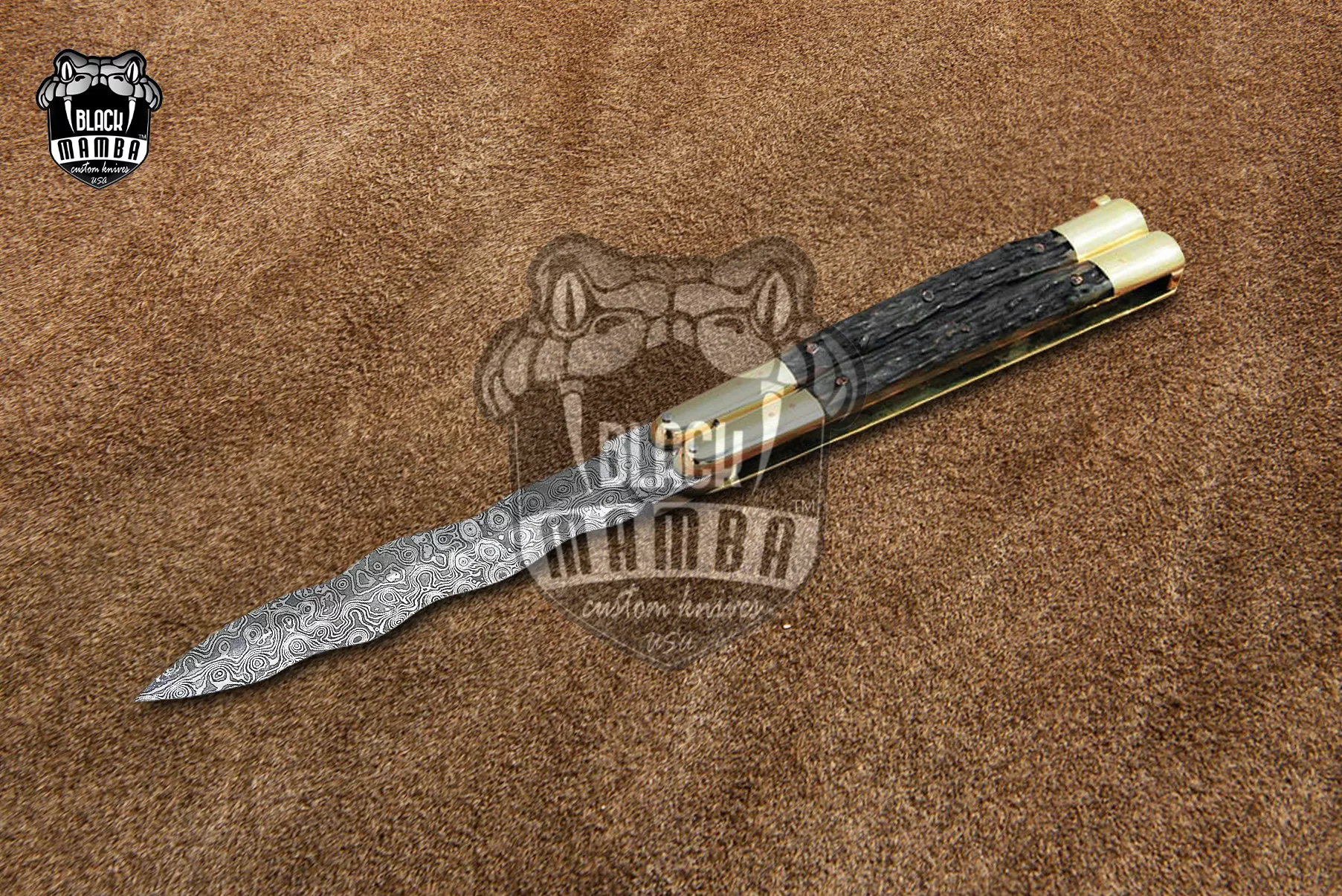Damascus Filipino Balisong Butterfly Knife – Stag, Brass Handle, Raindrop Pattern Handmade | DB-22
