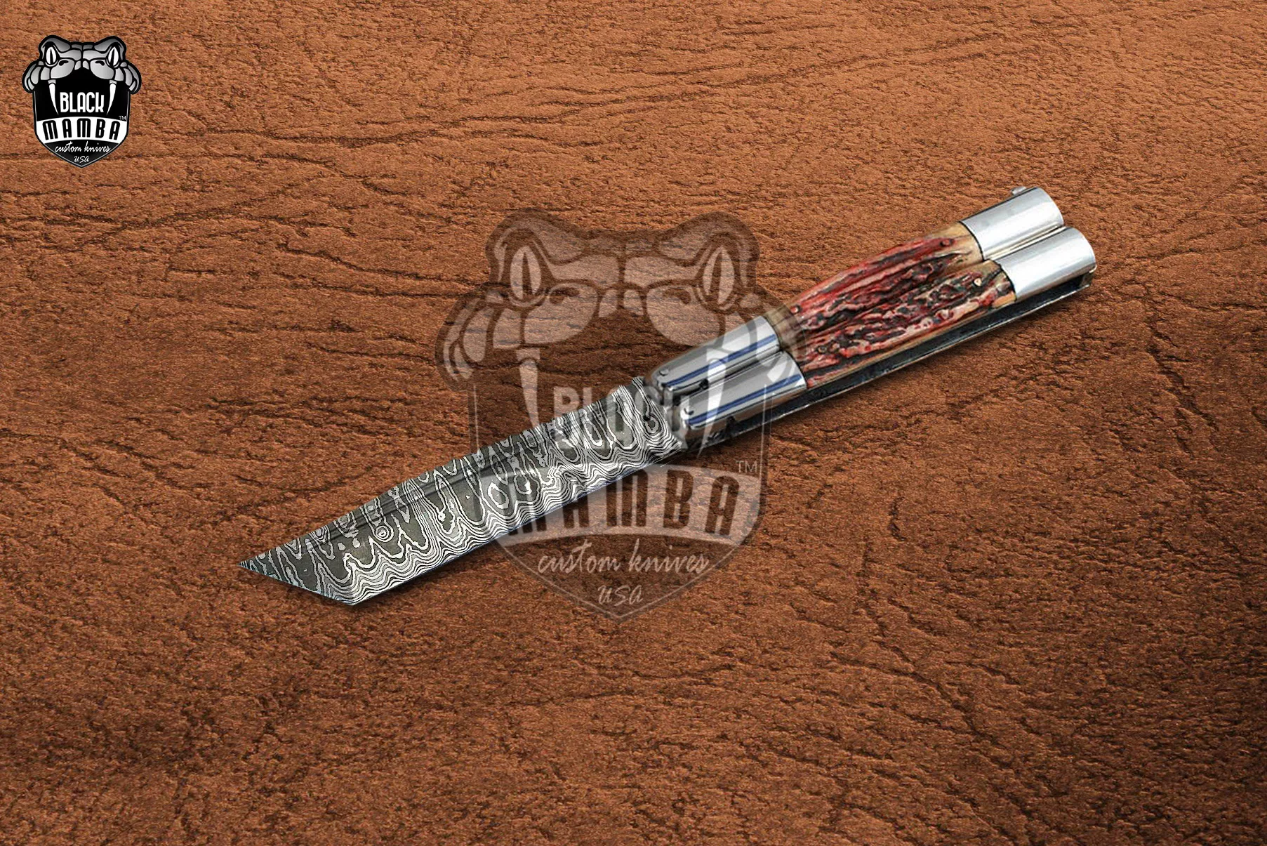 Damascus Balisong Butterfly Knife – Stag Handle | DB-23