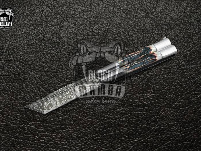 DB-24 Damascus Balisong Butterfly Knife with Beautiful stag Handle Handmade Original Traditional Filipino Butterfly Batanga Knife black mamba knives USA