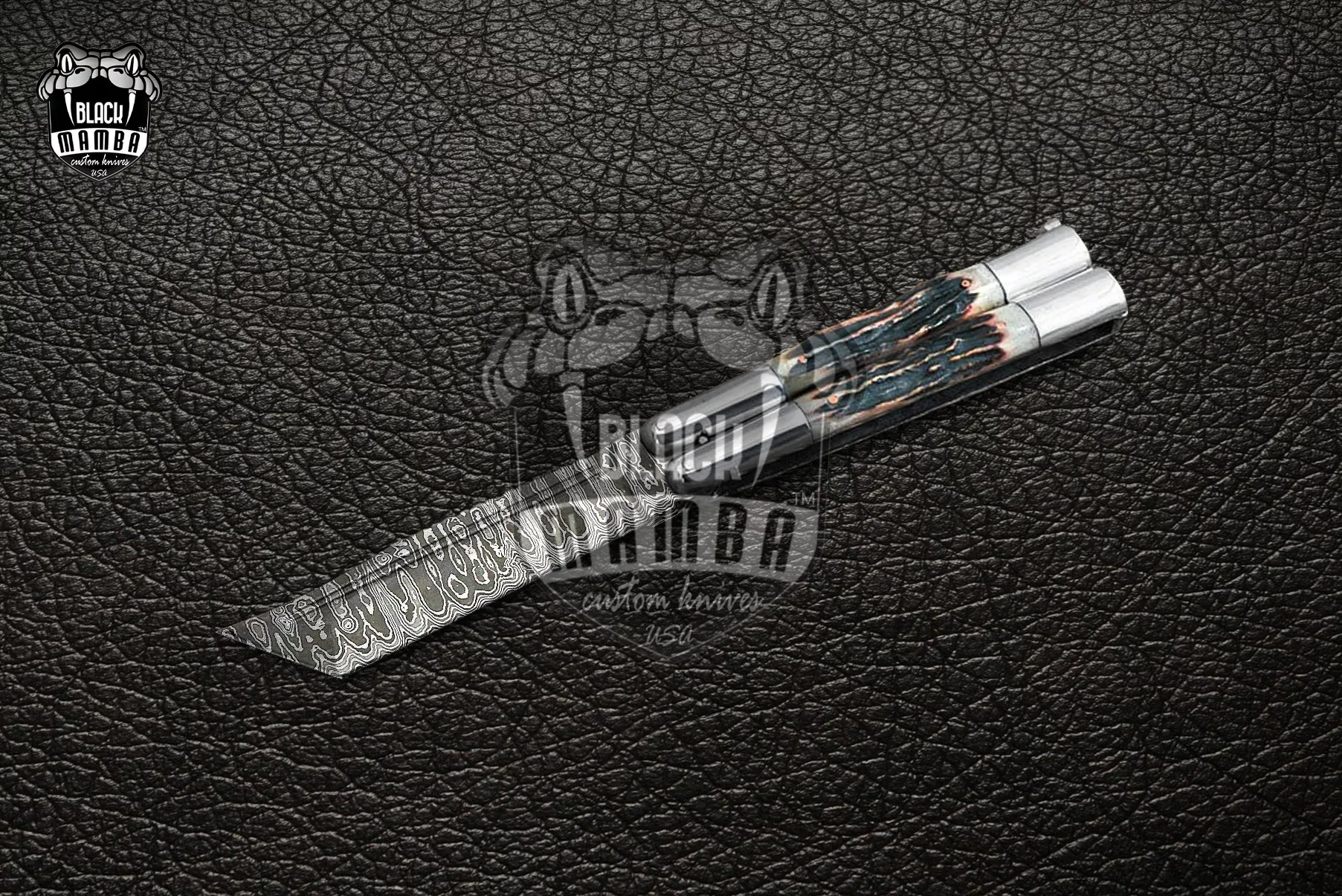 Damascus Balisong Butterfly Knife – Stag Handle | DB-24
