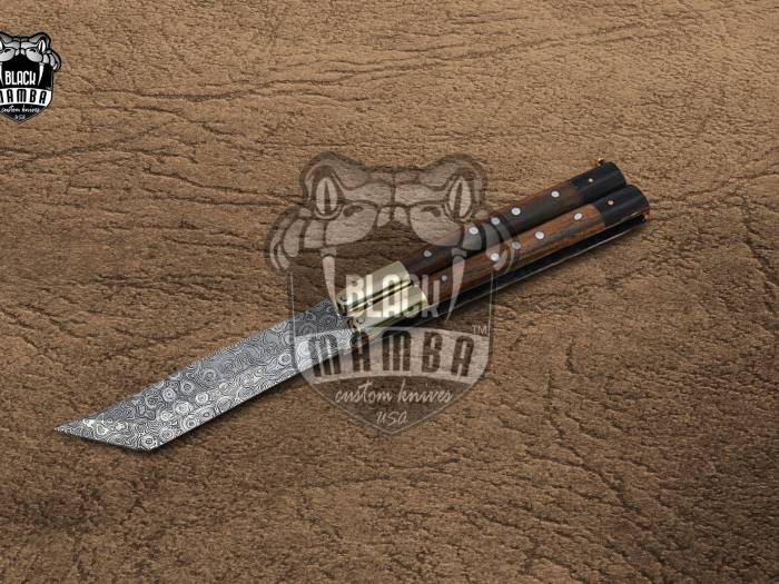 DB-25 Damascus Balisong Butterfly Knife with Beautiful Brass and Rose Wood Handle Handmade Original Traditional Filipino Butterfly Batanga Knife black mamba knives USA