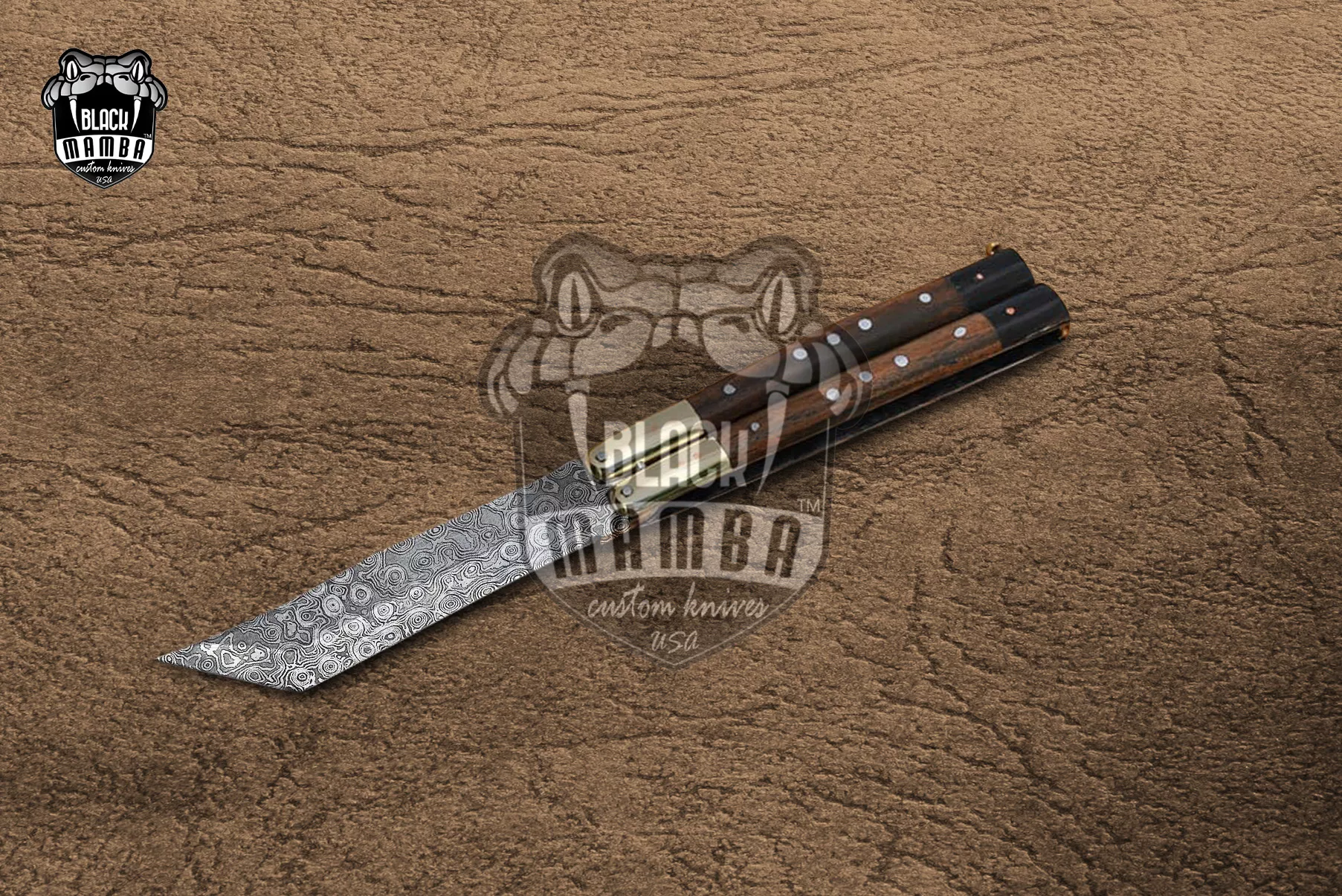 Damascus Balisong Butterfly Knife – Rose Wood, Brass Handle | DB-25