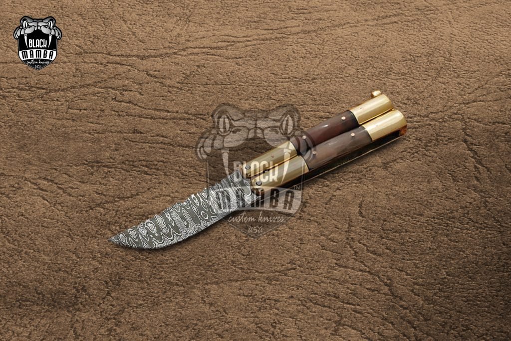 DB-26 Damascus Balisong Butterfly Knife with Beautiful Brass and Ram Horn Handle Handmade Original Traditional Filipino Butterfly Batanga Knife black mamba knives USA