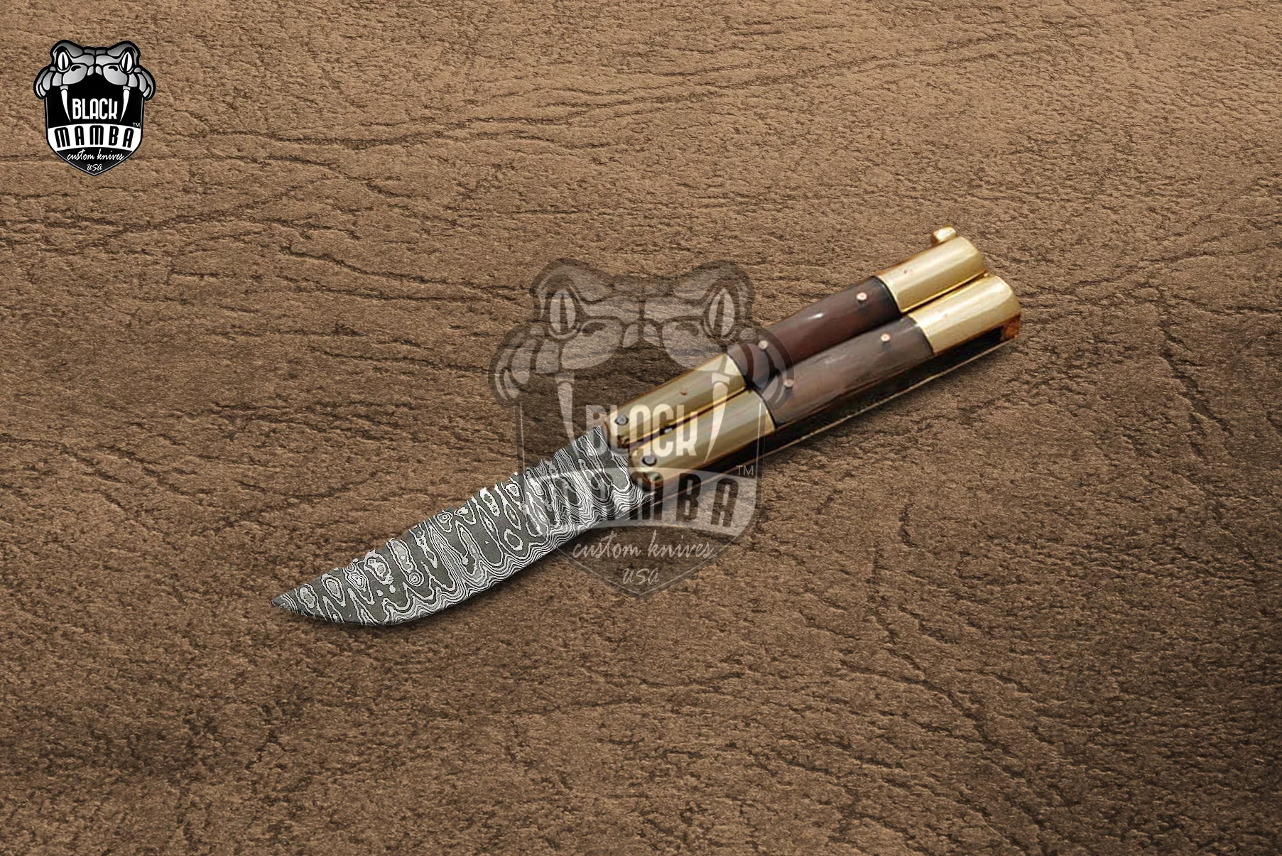Damascus Balisong Butterfly Knife – Ram Horn, Brass Handle, 6.2″ Overall | DB-26