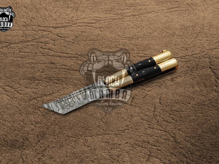 DB-27 Damascus Balisong Butterfly Knife with Beautiful Brass and Bull Horn Handle Handmade Original Traditional Filipino Butterfly Batanga Knife black mamba knives USA