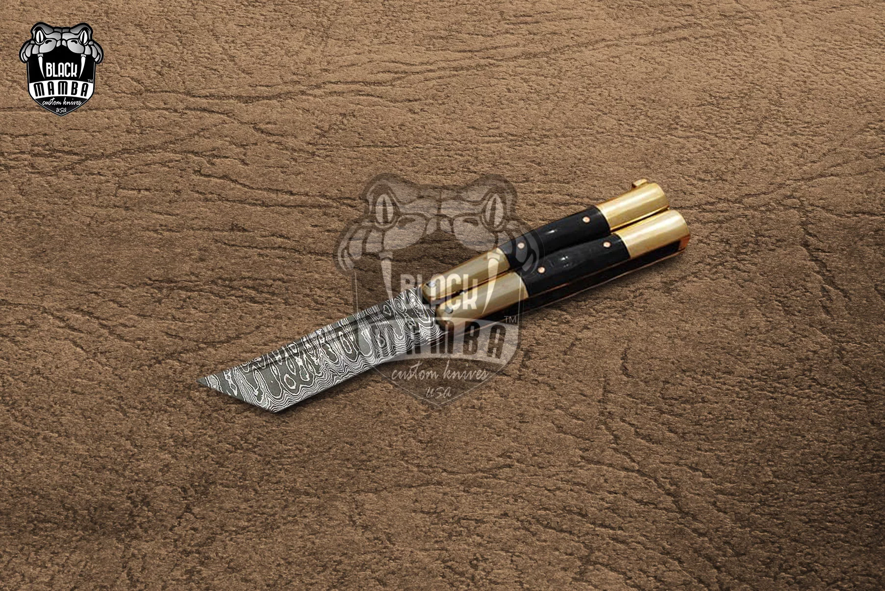 Damascus Balisong Butterfly Knife – Bull Horn, Brass Handle, 6.2″ Overall | DB-27