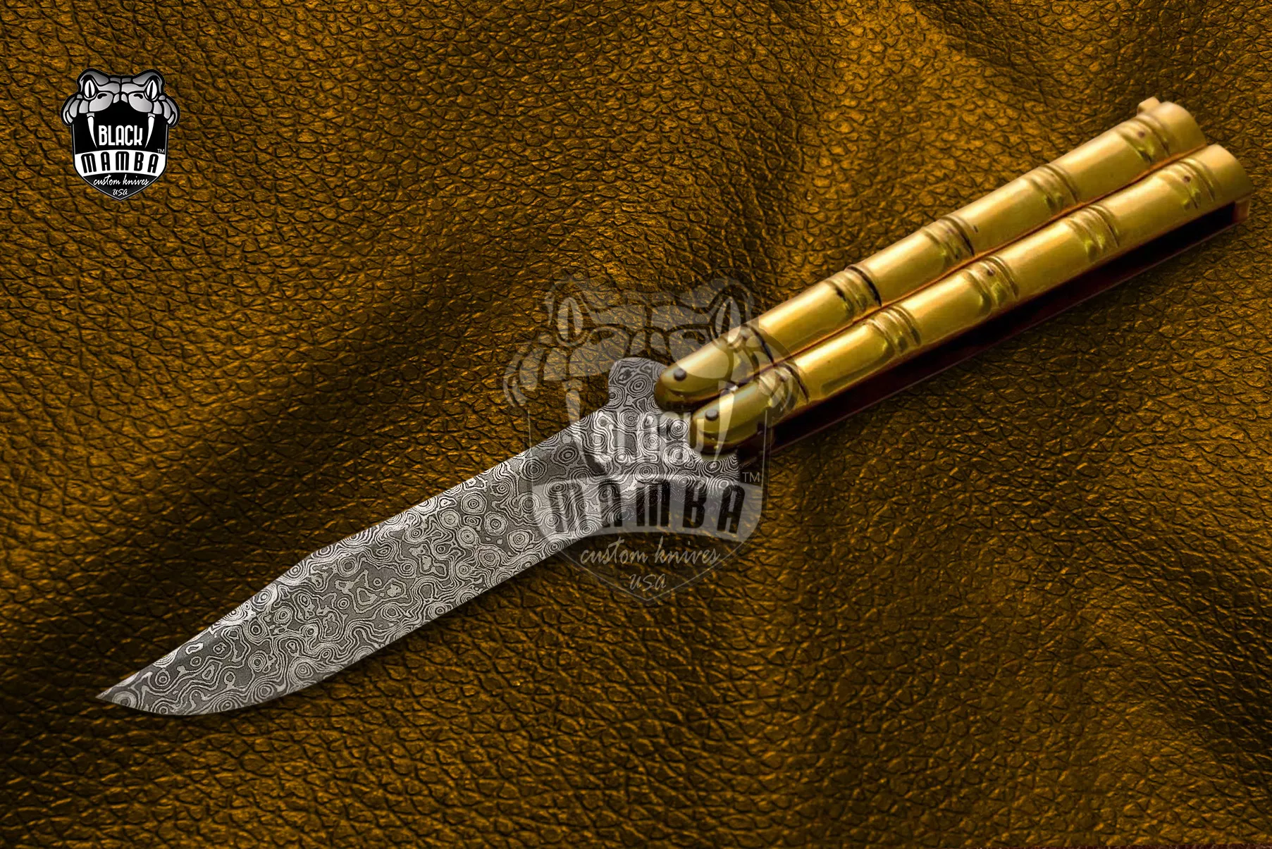 Damascus Balisong Butterfly Knife – Handmade Brass Handle, 9.4″ Overall | DB-03