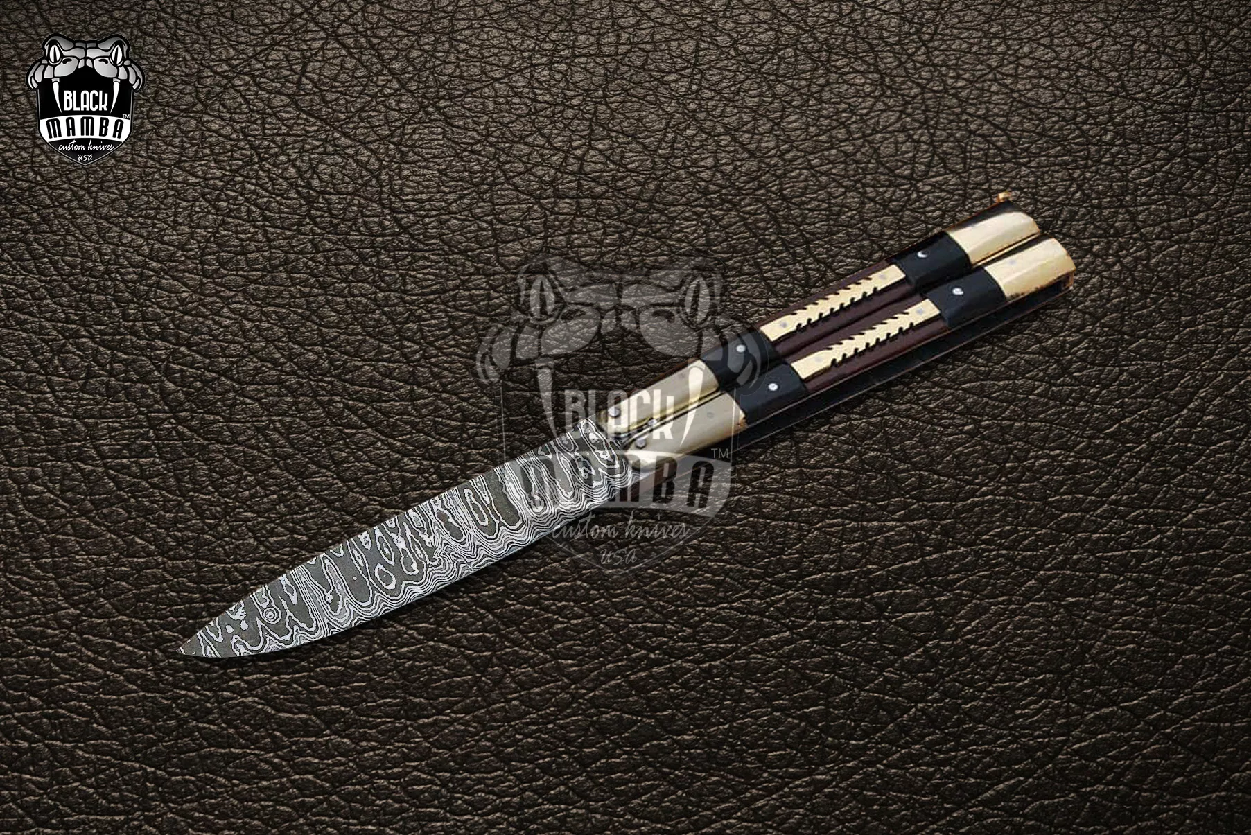 Damascus Balisong Butterfly Knife – Beautiful Brass Handle, 9.4″ Overall | DB-30