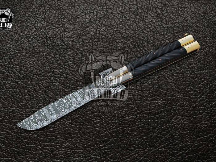 DB-31 Damascus Balisong Butterfly Knife with Beautiful Brass and Bull Horn Handle Handmade Original Traditional Filipino Butterfly Batanga Knife black mamba knives USA