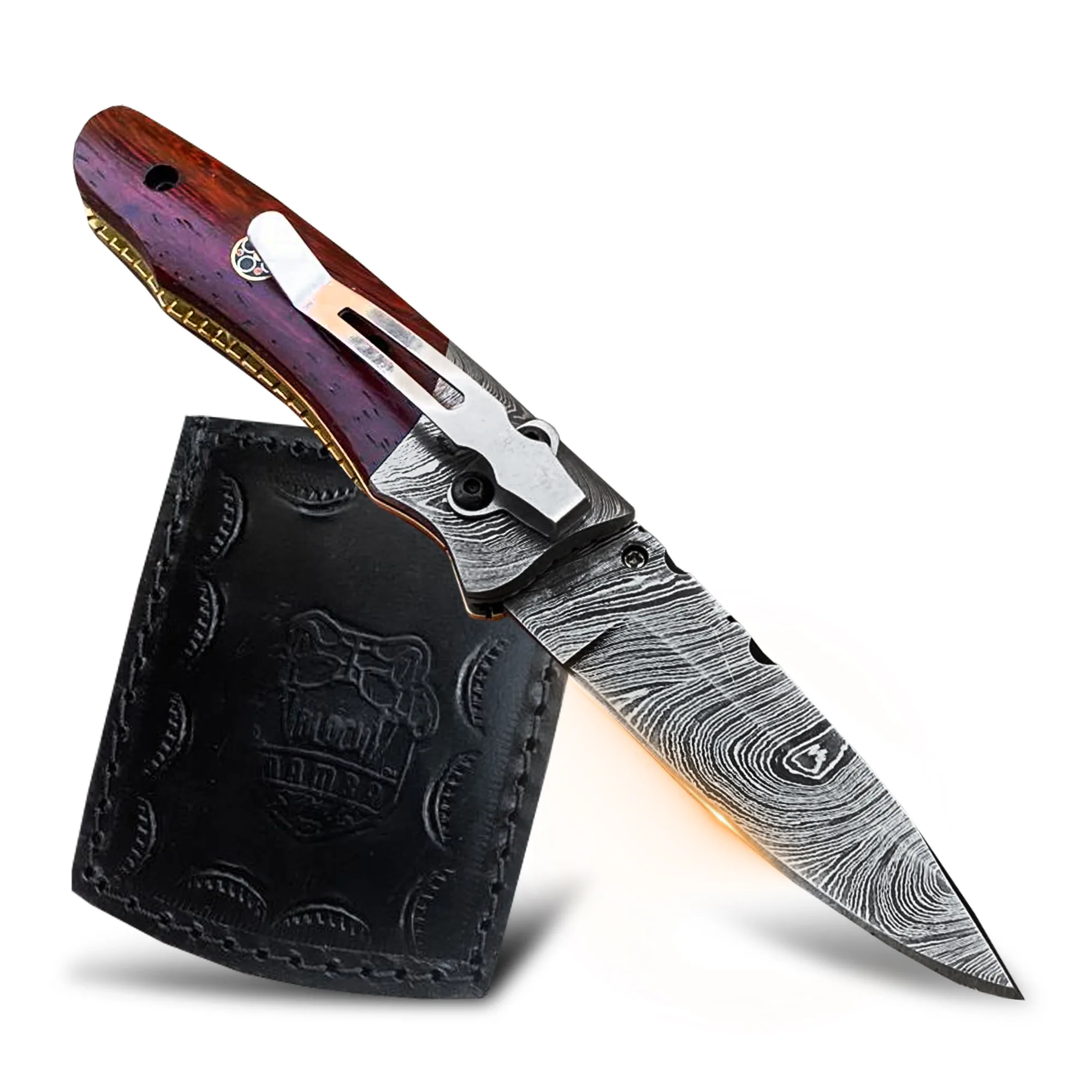 Laticauda - Damascus Folding Pocket Knife, 7″ Overall, Wood Handle - view 2