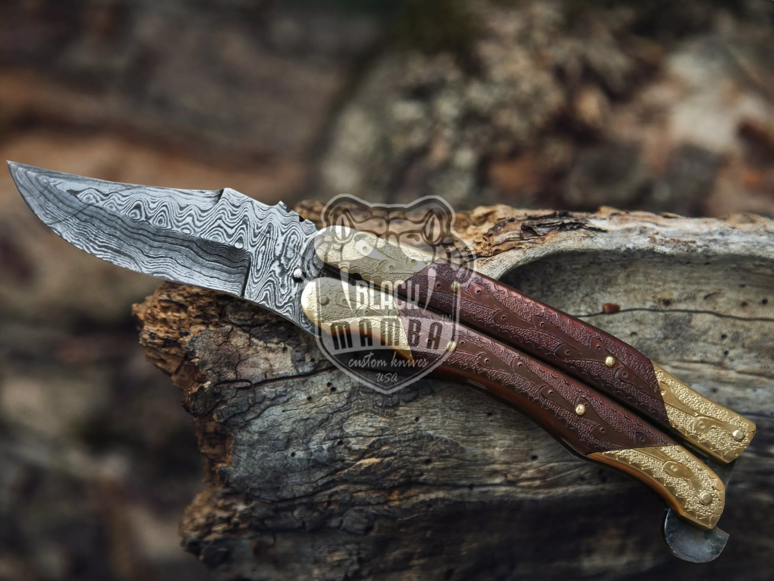 Damascus Balisong Butterfly Knife – Handmade Brass & Copper Handle, 7.5″ Overall | BMK-2001