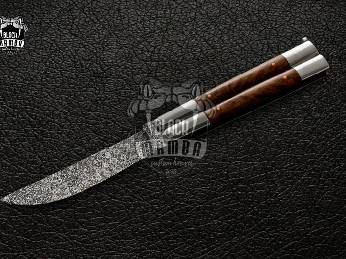DB-04 Damascus Balisong Butterfly Knife Original Traditional Filipino Butterfly Batanga Knife with handmade steel bolster and wooden handle
