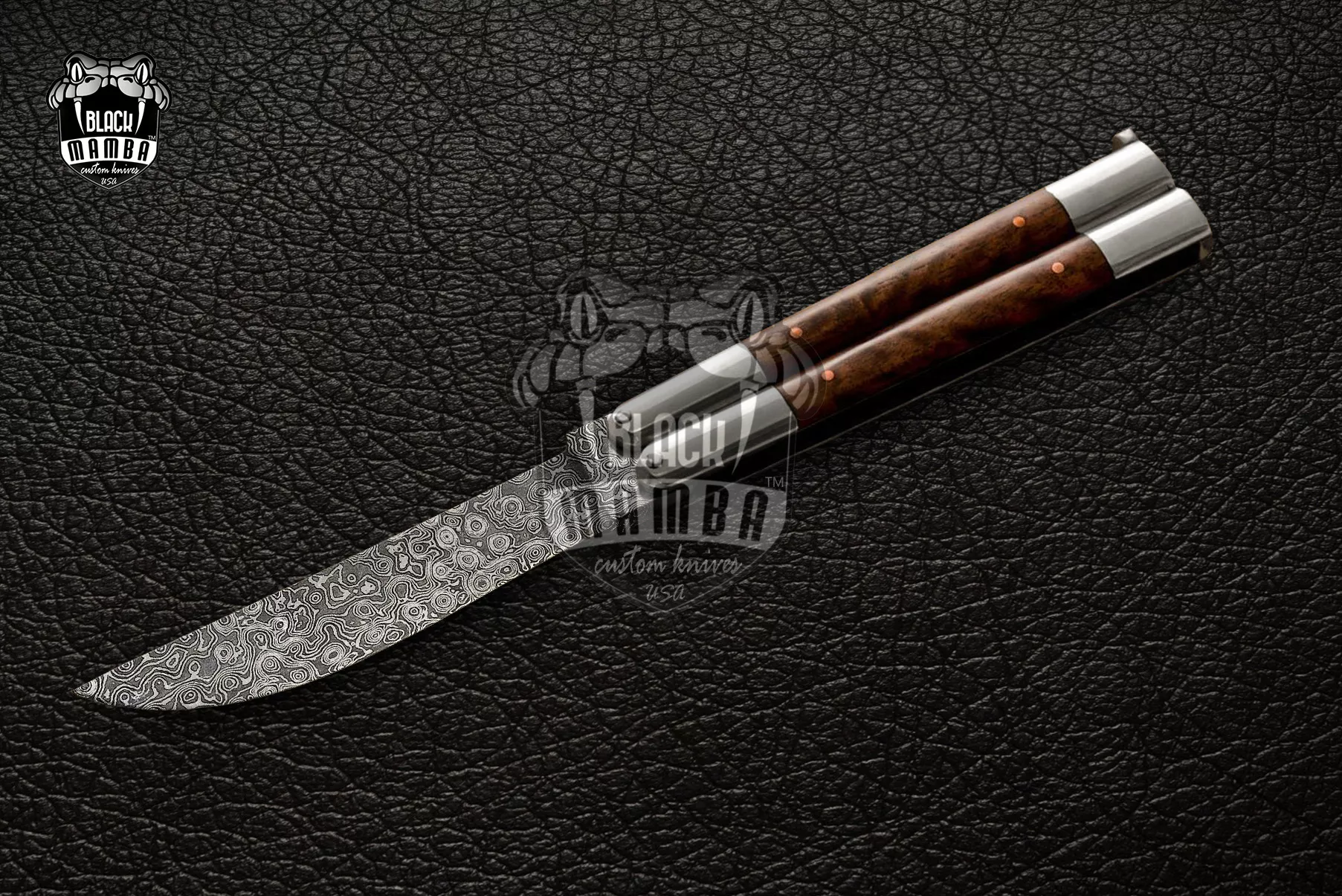 Damascus Balisong Butterfly Knife – Handmade Steel Bolster & Wood Handle, 9.4″ Overall | DB-04