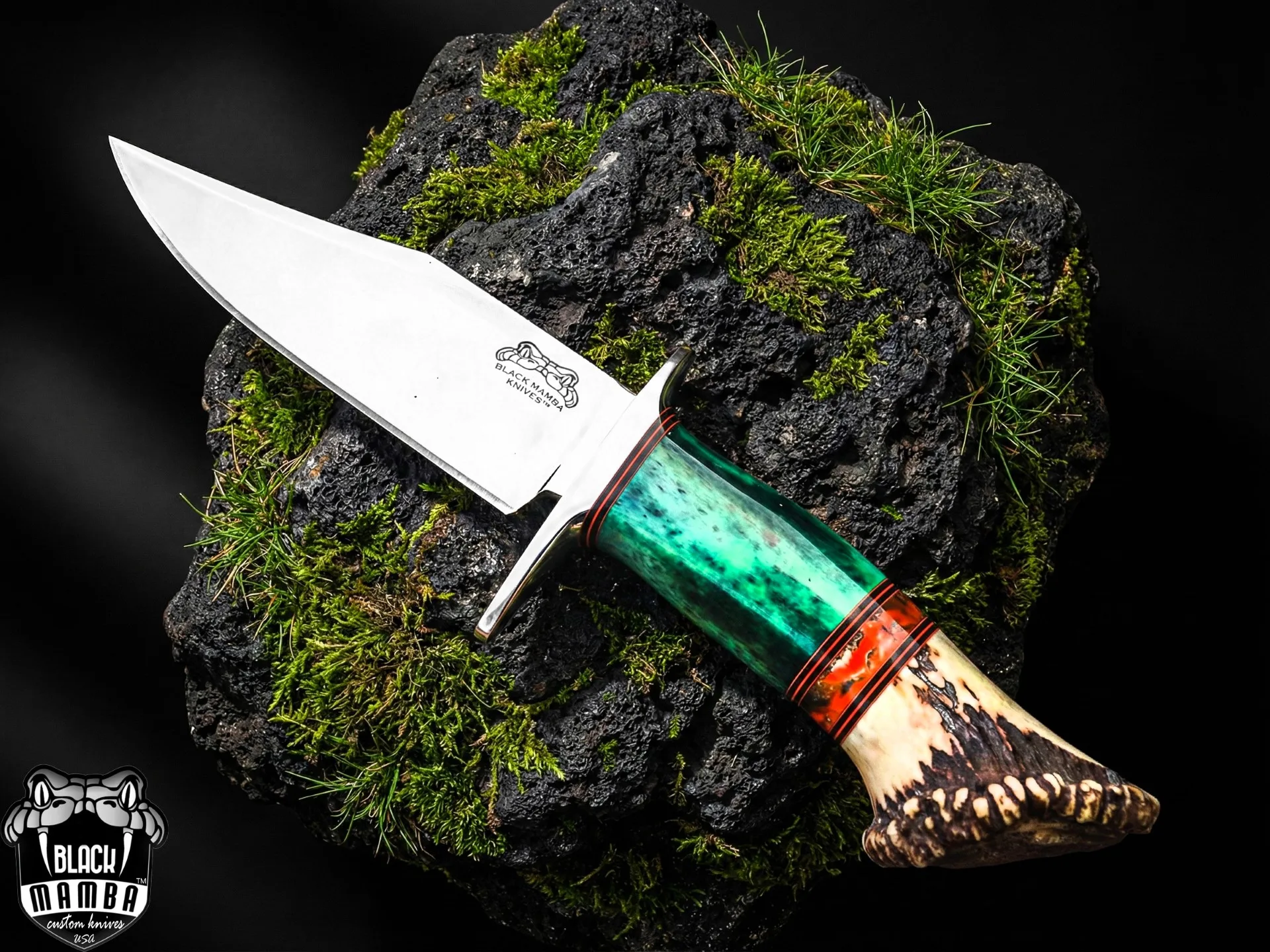 Green Lizard - Damascus Hunting Knife, 11.54″ Overall, Stag Handle - view 3