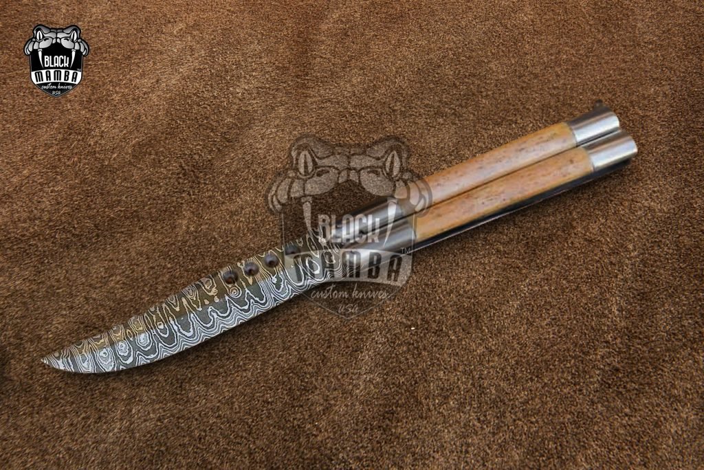 DB-06 Damascus Balisong Butterfly Knife Original Traditional Filipino Butterfly Batanga Knife handmade handle Black Mamba Knives USA