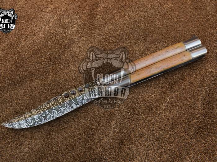 DB-06 Damascus Balisong Butterfly Knife Original Traditional Filipino Butterfly Batanga Knife handmade handle Black Mamba Knives USA