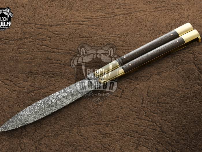 DB-07 Damascus Balisong Butterfly Knife Original Traditional Filipino Butterfly Batanga Knife with handmade steel and wooden handle raindrop pattern black mamaba knives