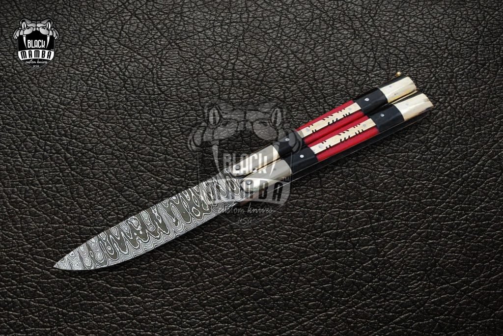 DB-08 Damascus Balisong Butterfly Knife Original Traditional Filipino Butterfly Batanga Knife with handmade brass and red dragon handle black mamba knives USA