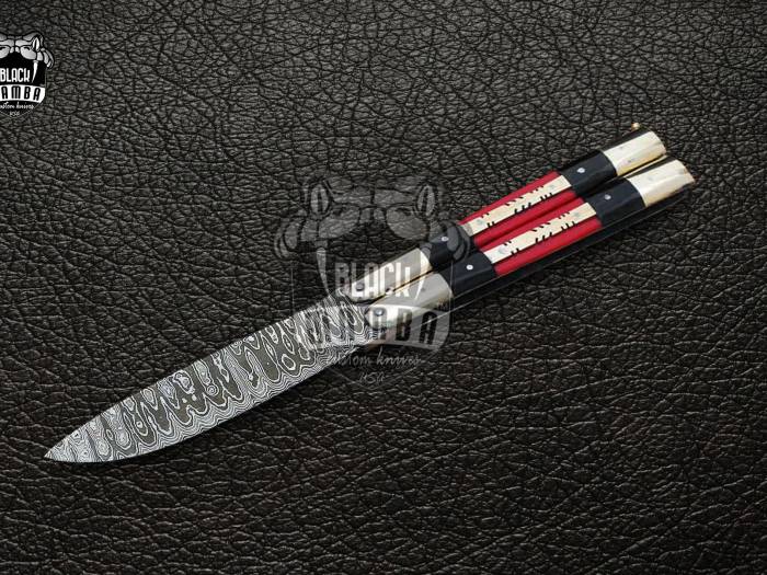 DB-08 Damascus Balisong Butterfly Knife Original Traditional Filipino Butterfly Batanga Knife with handmade brass and red dragon handle black mamba knives USA