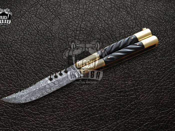 DB-09 Damascus Balisong Butterfly Knife Original Traditional Filipino Butterfly Batanga Knife with handmade brass and Horn handle black mamba knives USA