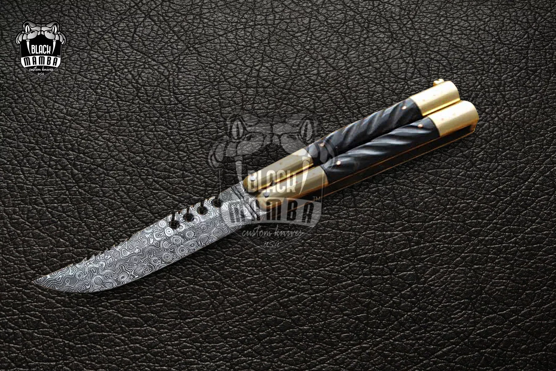 Damascus Balisong Butterfly Knife – Handmade Brass & Horn Handle, 8.6″ Overall | DB-09