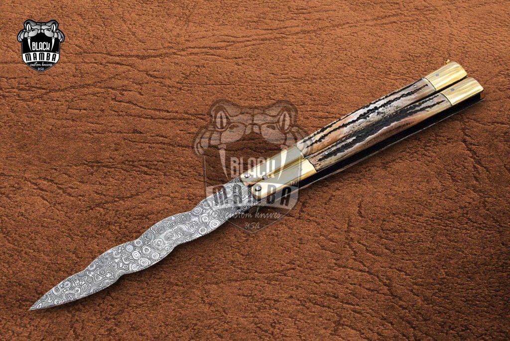 DB-10 Damascus Balisong Butterfly Knife Original Traditional Filipino Butterfly Batanga Knife with handmade brass and stag antler handle black mamba knives USA