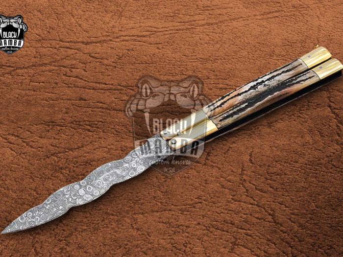 DB-10 Damascus Balisong Butterfly Knife Original Traditional Filipino Butterfly Batanga Knife with handmade brass and stag antler handle black mamba knives USA