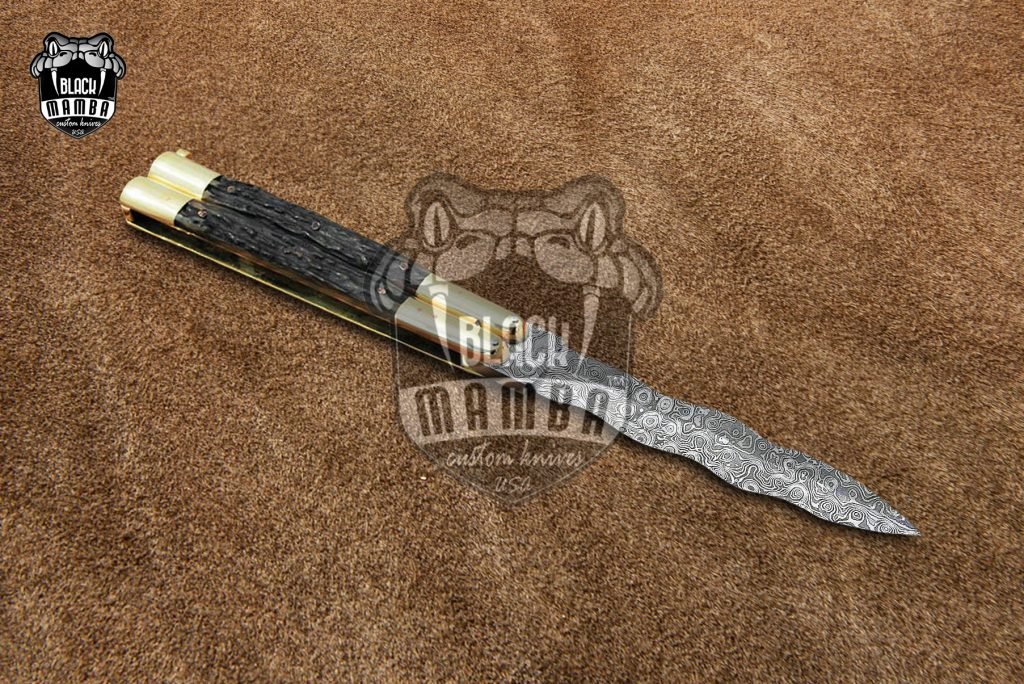 DB-22 Damascus Balisong Butterfly Knife with Beautiful Brass and stag Handle rain drop pattern Handmade Original Traditional Filipino Butterfly Batanga Knife black mamba knives USA - Image 4