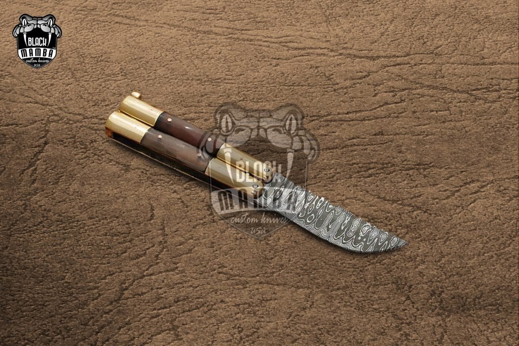 DB-26 Damascus Balisong Butterfly Knife with Beautiful Brass and Ram Horn Handle Handmade Original Traditional Filipino Butterfly Batanga Knife black mamba knives USA - Image 4