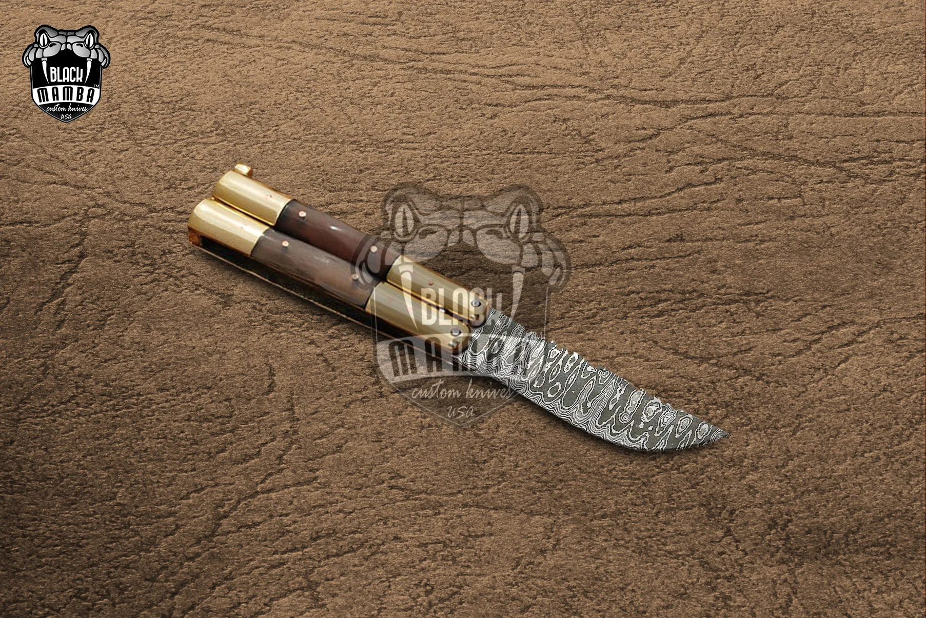 Damascus Balisong Butterfly Knife – Ram Horn, Brass Handle, 6.2″ Overall | DB-26 - view 5