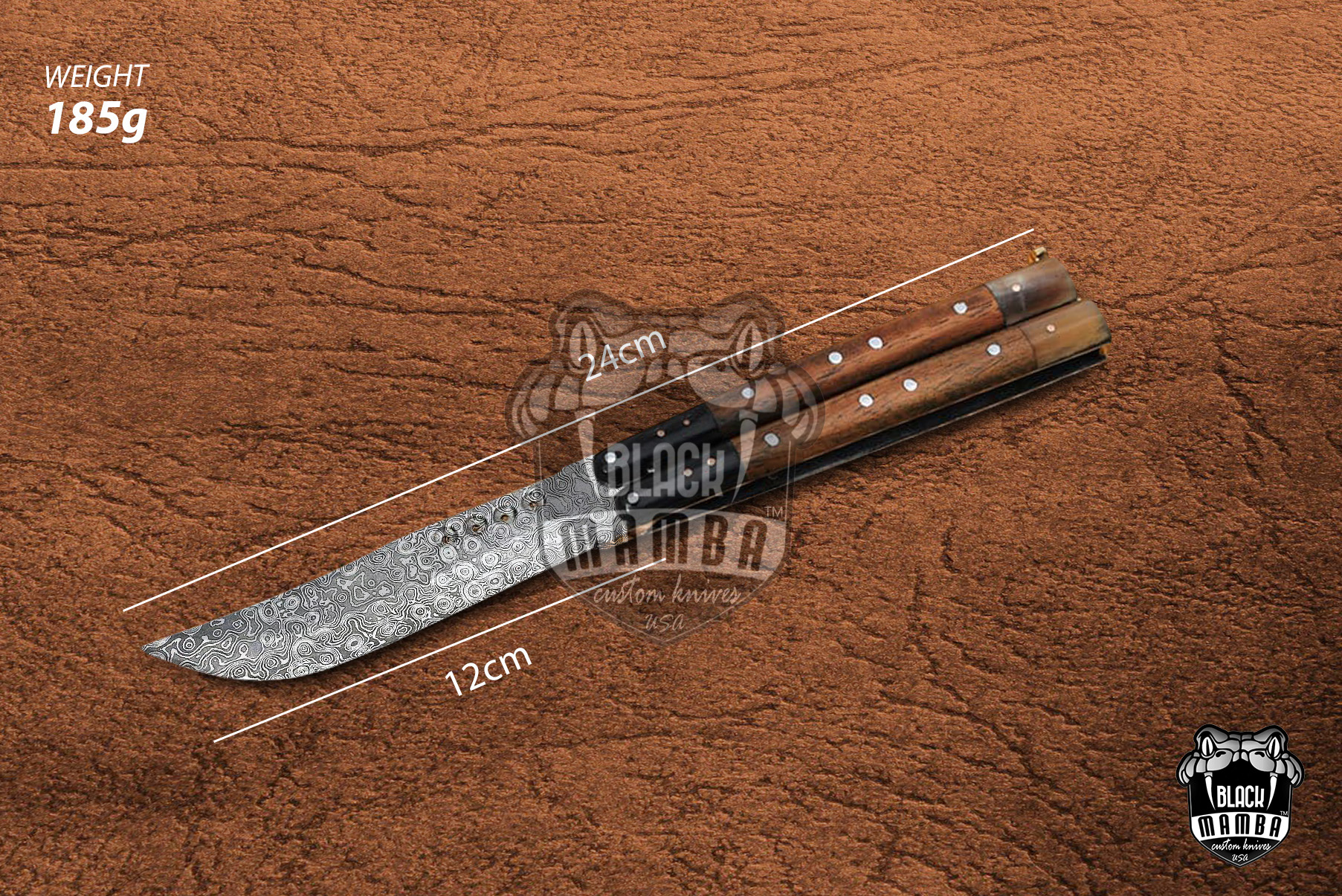 DB-29 Damascus Balisong Butterfly Knife with Beautiful Wooden Handle