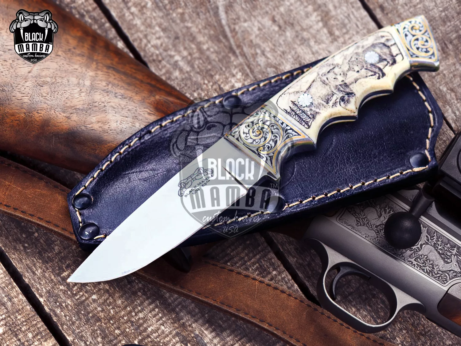 Grizzly Bear - Damascus Hunting Knife, 8″ Overall, Bone Handle