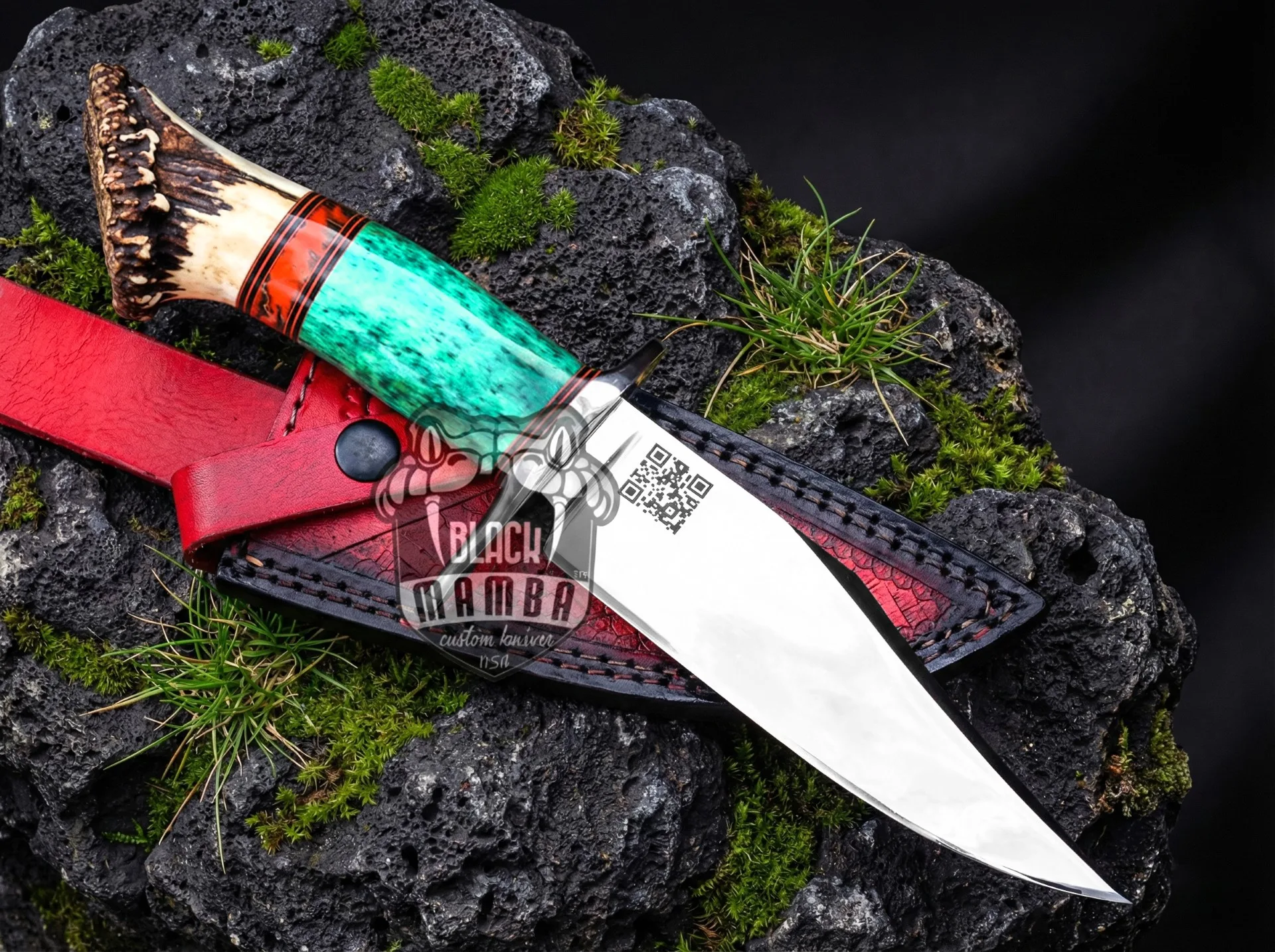 Green Lizard - Damascus Hunting Knife, 11.54″ Overall, Stag Handle - view 4