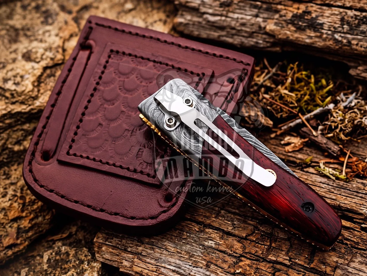 Laticauda - Damascus Folding Pocket Knife, 7″ Overall, Wood Handle - view 6