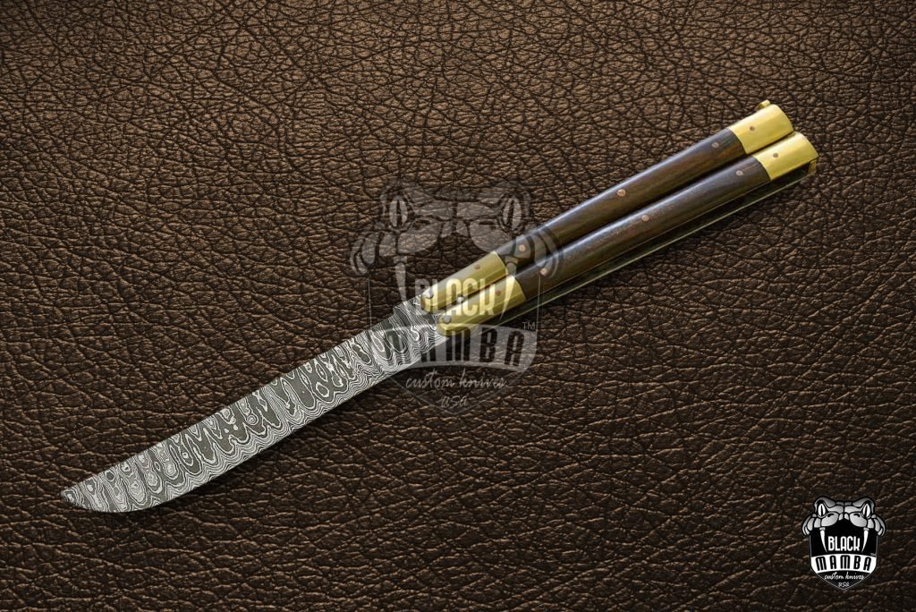 DB-05 Damascus Balisong Butterfly Knife Original Traditional Filipino Butterfly Batanga Knife with handmade brass handle and wooden handle