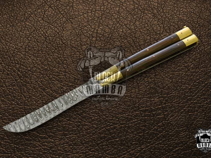 DB-05 Damascus Balisong Butterfly Knife Original Traditional Filipino Butterfly Batanga Knife with handmade brass handle and wooden handle