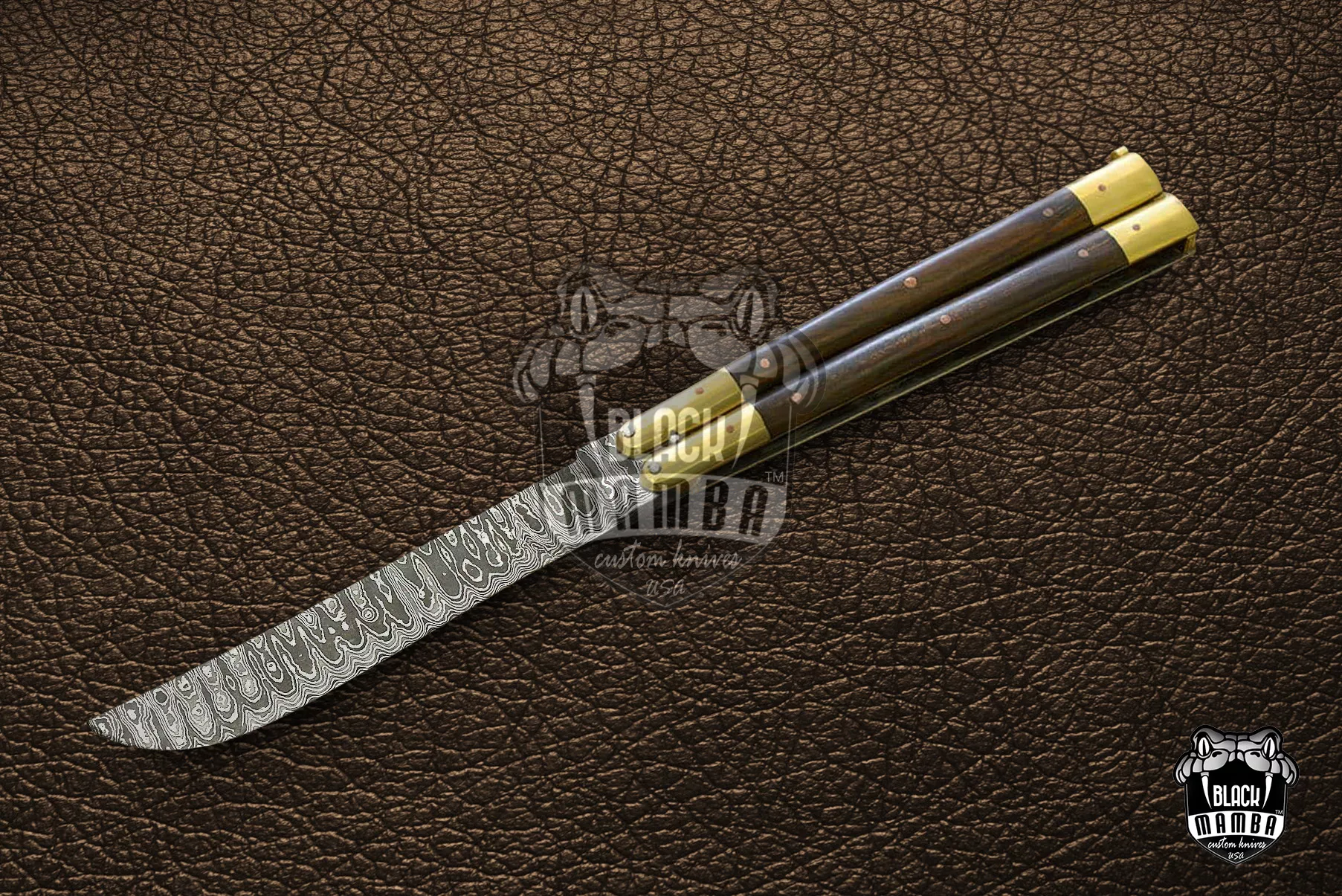Damascus Balisong Butterfly Knife – Handmade Brass & Wood Handle, 11.4″ Overall | DB-05