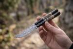 Damascus Balisong Butterfly Knife with Ram Horn and Resin Handle Handmade Original Traditional Filipino Butterfly Batanga Knife Black Mamba Knives USA | DB-17