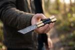 Damascus Balisong Butterfly Knife with Beautiful Brass and Bull Horn Handle Handmade Original Traditional Filipino Butterfly Batanga Knife Black Mamba Knives USA | DB-27