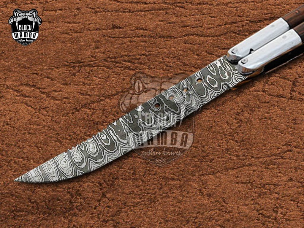 DB-11 Damascus Balisong Butterfly Knife Original Traditional Filipino Butterfly Batanga Knife with handmade steel and wooden handle black mamba knives USA - Image 3
