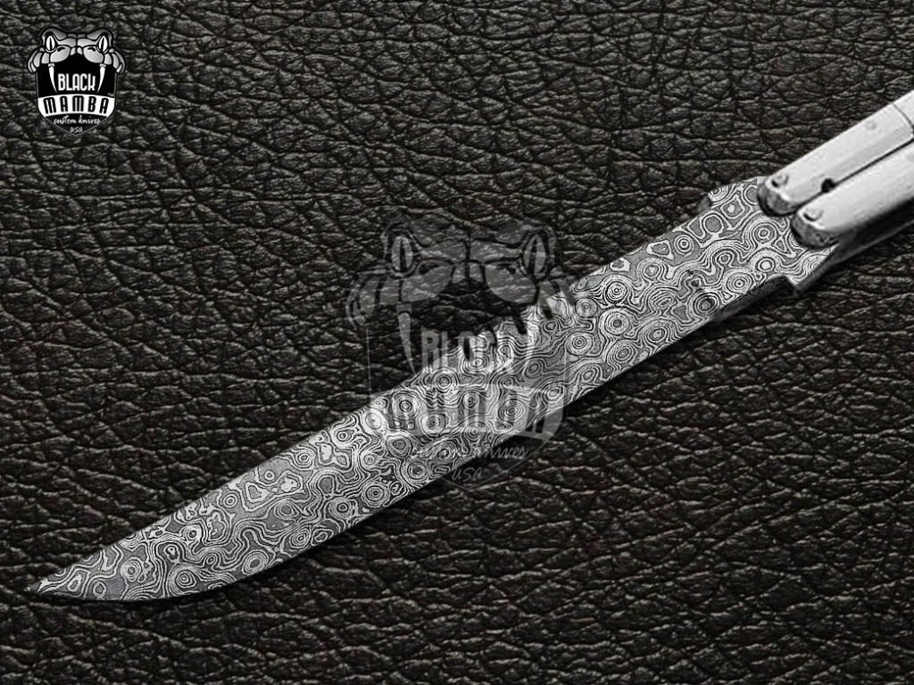 DB-12 Damascus Balisong Butterfly Knife Original Traditional Filipino Butterfly Batanga Knife with handmade steel and raidrop handle black mamba knives USA - Image 3