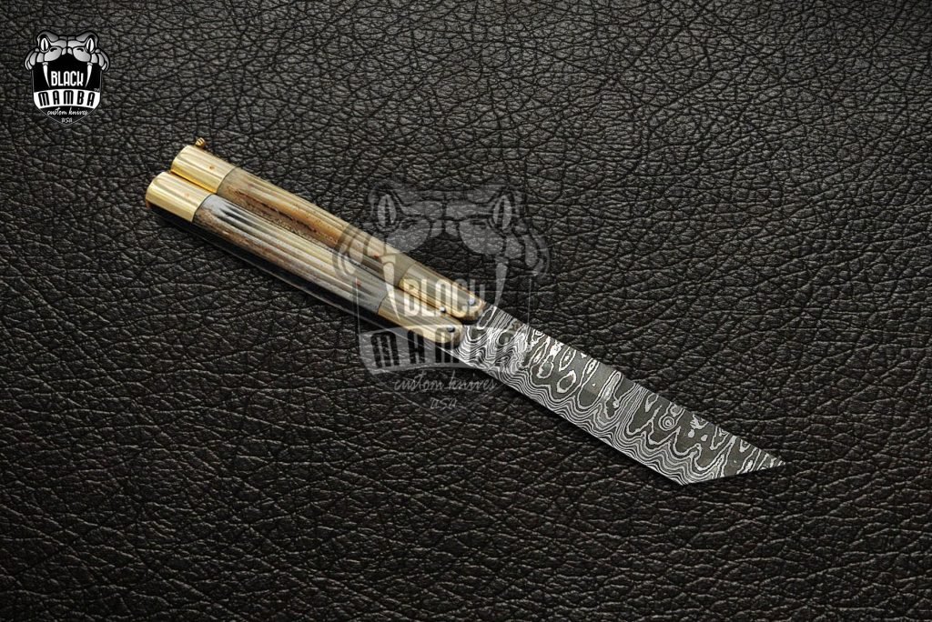 DB-13 Damascus Balisong Butterfly Knife Original Traditional Filipino Butterfly Batanga Knife with handmade brass and stag antler handle black mamba knives USA - Image 2