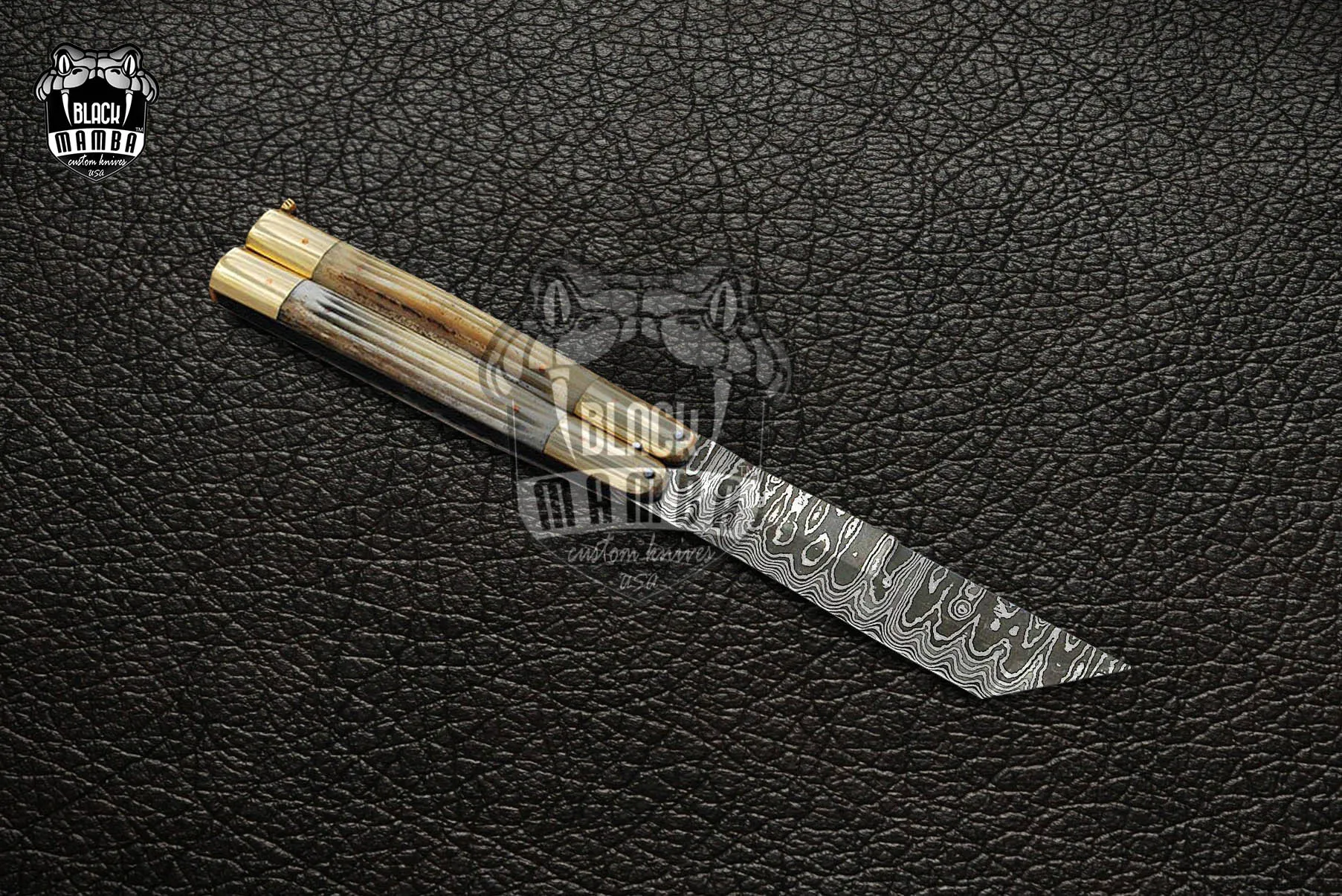 Damascus Balisong Butterfly Knife Original Traditional Filipino Butterfly Batanga Knife with Handmade Brass and Stag Antler Handle Black Mamba Knives USA | DB-13 - view 3