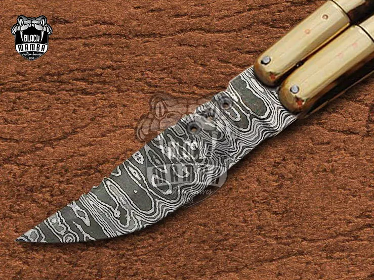 Damascus Balisong Butterfly Knife – Handmade Brass & Wood Handle, 6.2″ Overall | DB-16 - view 5