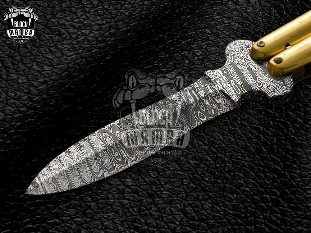 Damascus Balisong Butterfly Knife – Shiny Brass & Ram Horn Handle, 11.4″ Overall | DB-02 - view 5
